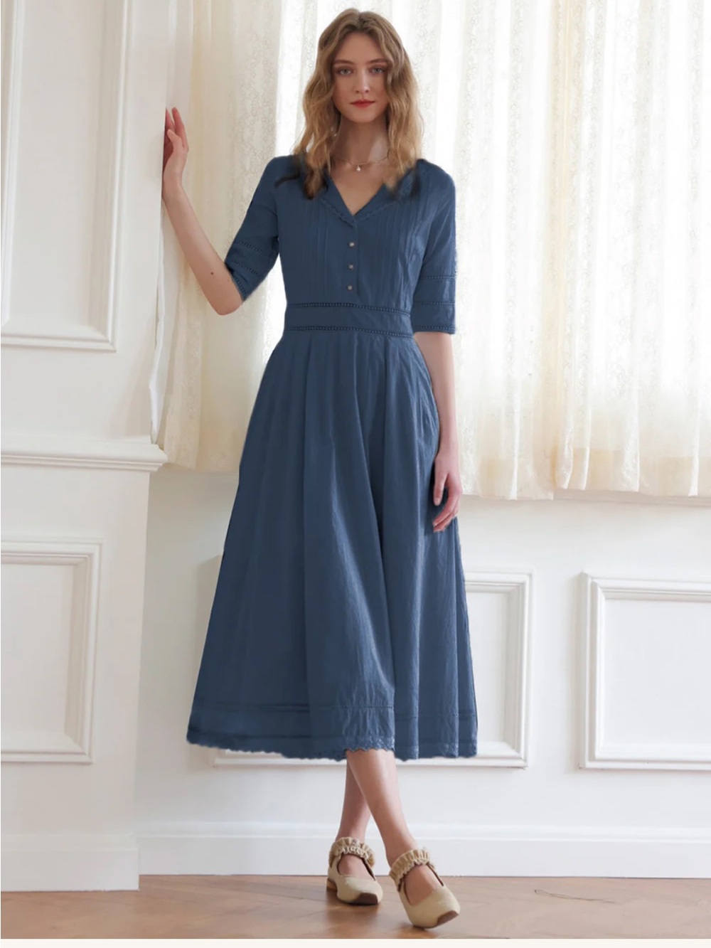 Simple Retro FIONA 100% COTTON DEMIN BLUE MIDI DRESS - Picture 2 of 5